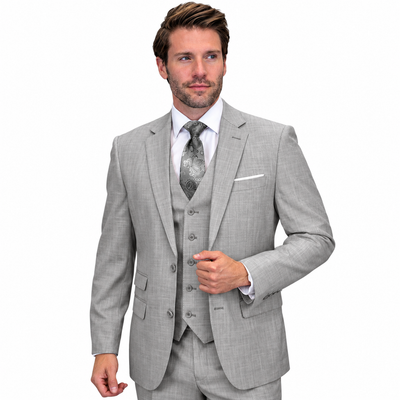 Men’s 3 Piece Sharkskin Suit with Vest - Modern Fit Gray