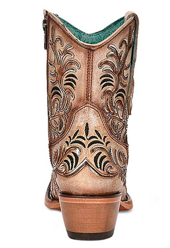 Tan Booties with Dark Embroidery & Mirror Overlay