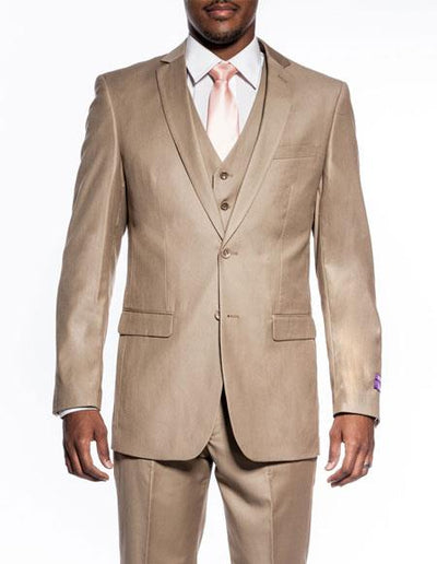 Men's 3 piece slim fit wedding prom Tan ~ Beige vested suit