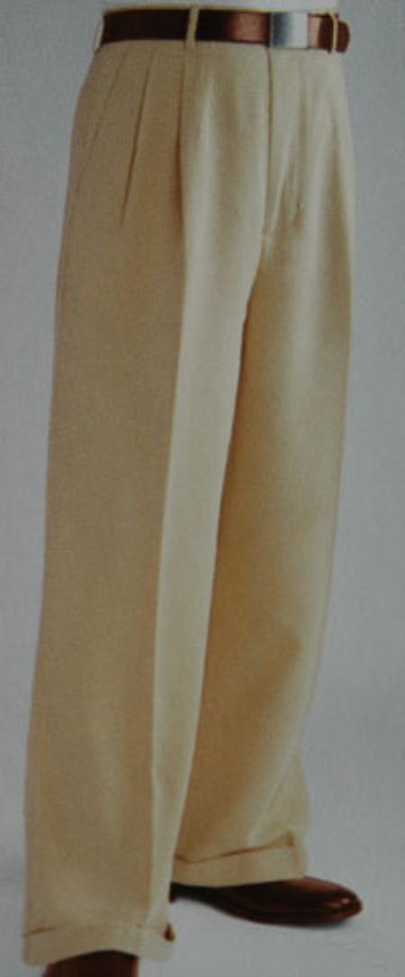 Tan ~ Beige Wide Leg Dress Pants Pleated baggy dress trousers unhemmed unfinished bottom - Cheap Priced Dress Slacks For Men On Sale