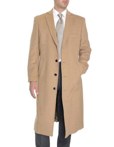 Men's Dress Coat Tan 4 Buttons Full Length Wool Cashmere Blend Overcoat Top Coat