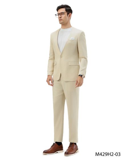Tan Linen Collarless Suit for Summer