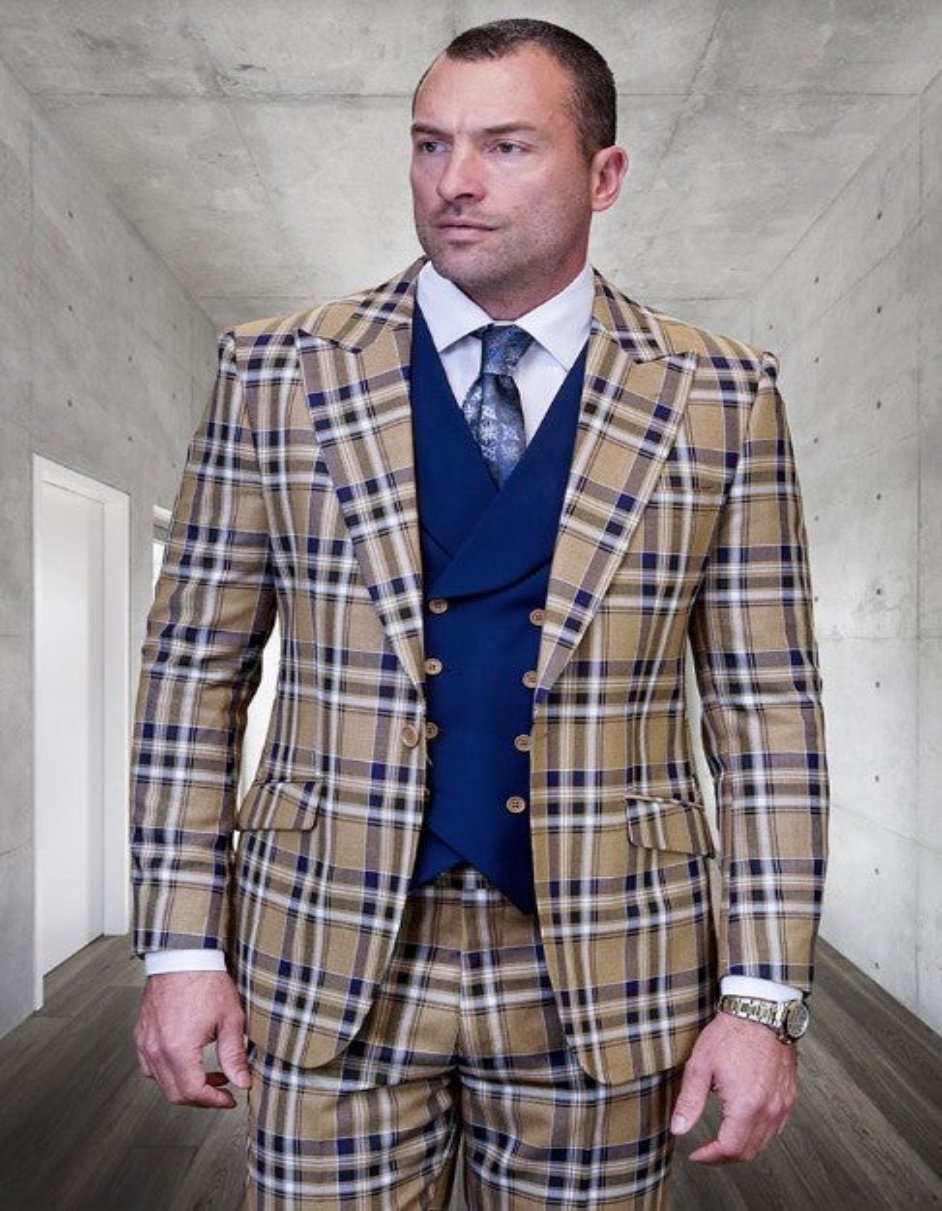 Tan Plaid Peak Lapel Wool Suit
