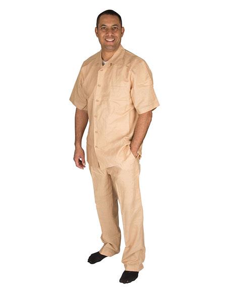 Men's Short Sleeve Button Closure Tan 100% Linen 2 Piece Shirt
