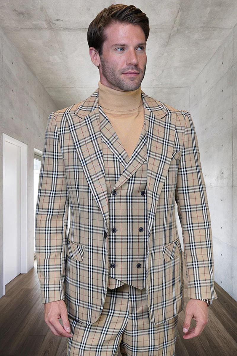 Tan Windowpane Plaid Wool Suit - 1 Button Vested