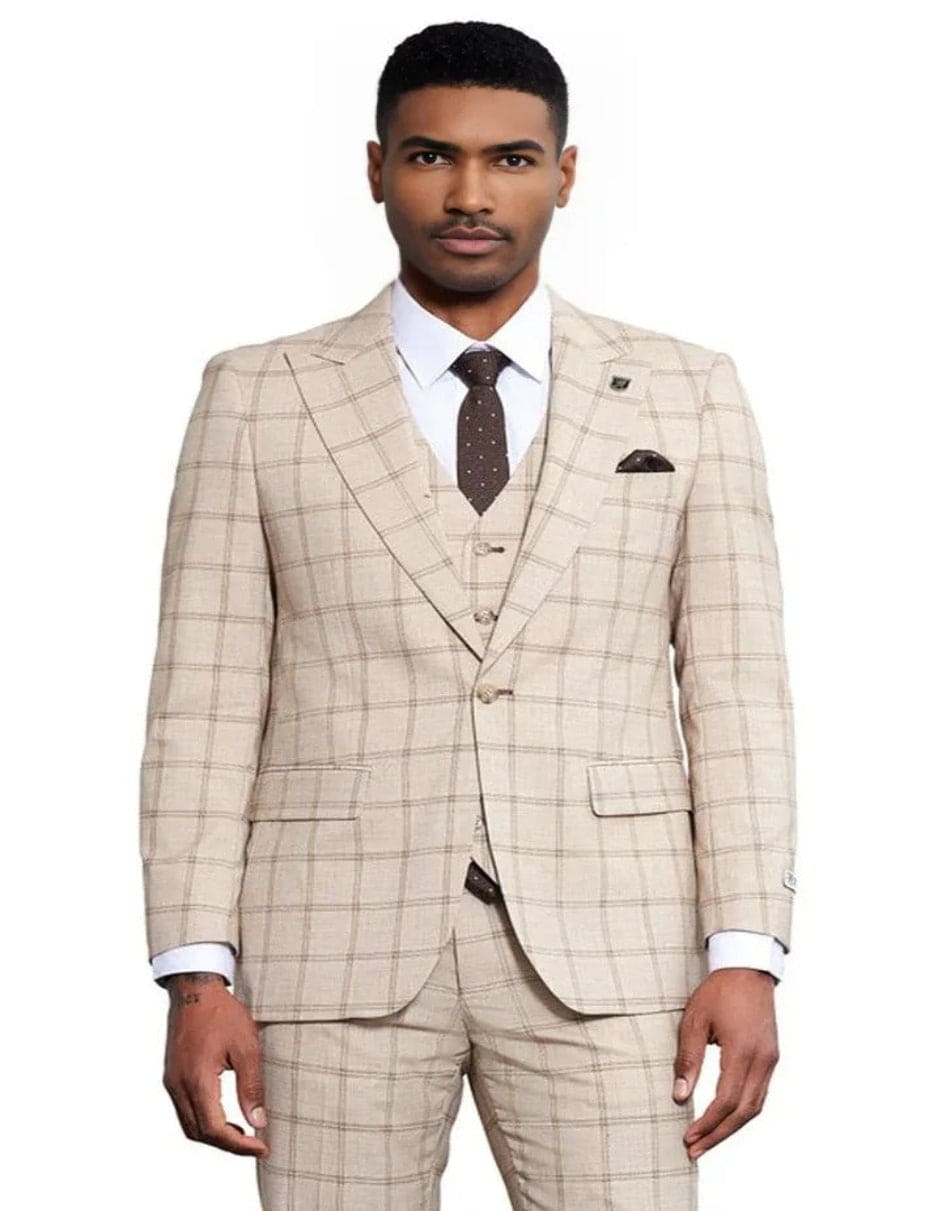 Stacy Adams Tan Peak Lapel Plaid Suit