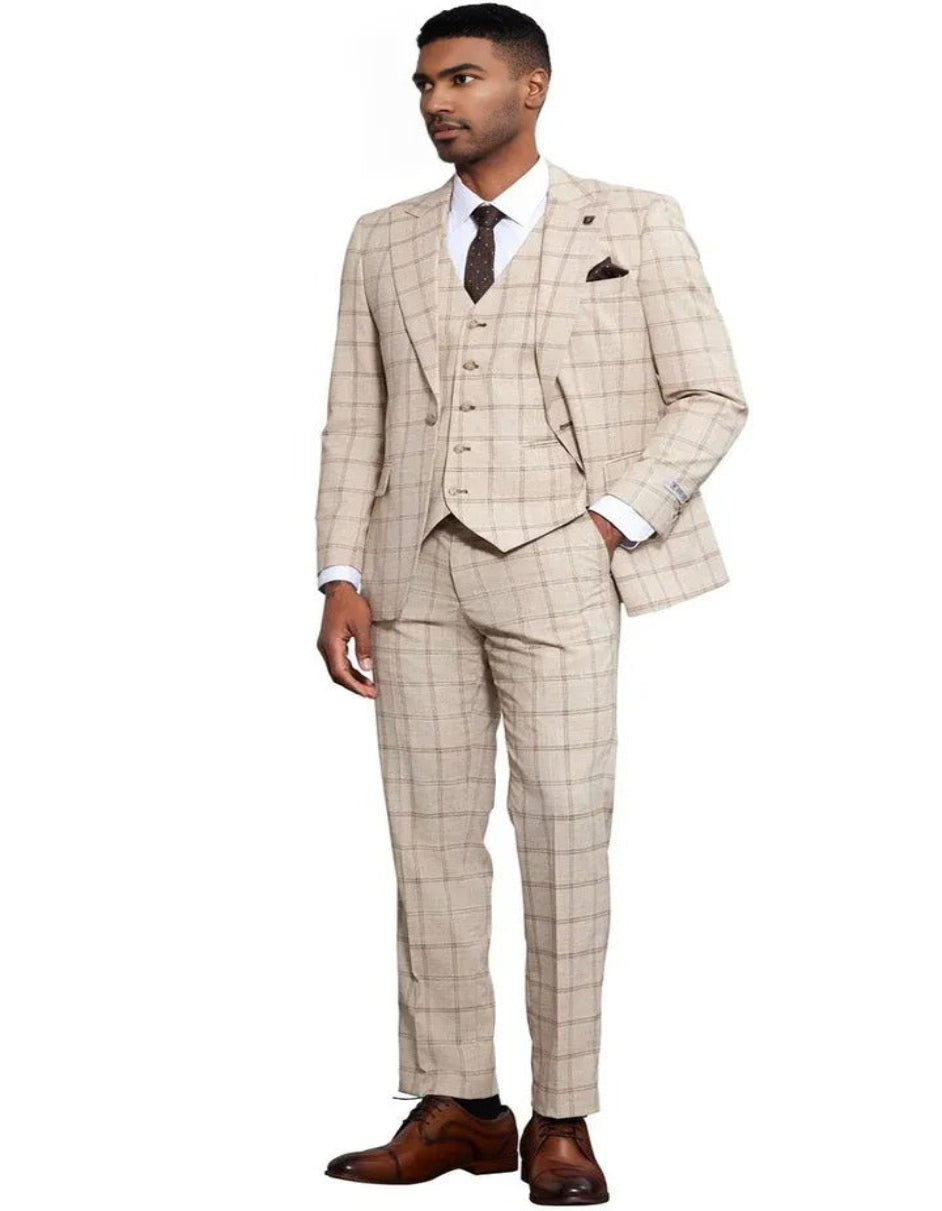 Stacy Adams Tan Peak Lapel Plaid Suit