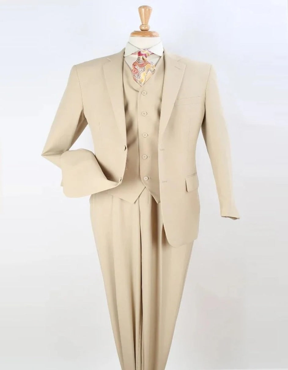 Tan Regular Fit Pleated Suit with Vest