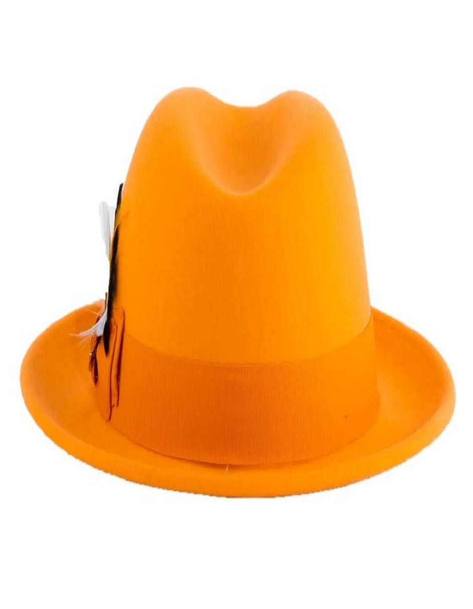 1920s Tangerine Fedora – Men’s Narrow Brim Crushable Wool Trilby Dress Hat in Orange