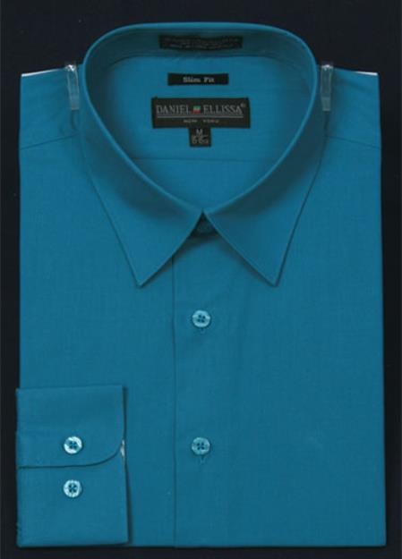 Affordable Clearance Cheap Mens Dress Shirt Sale Online Trendy - Slim Fit - Teal Color Men's Dress Shirt
