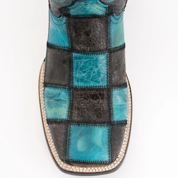 Ferinni Boot - Mens Dress Cowboy Boot - Ferrini Men's Patchwork Square Toe Boots Handcrafted in Black/Teal Color