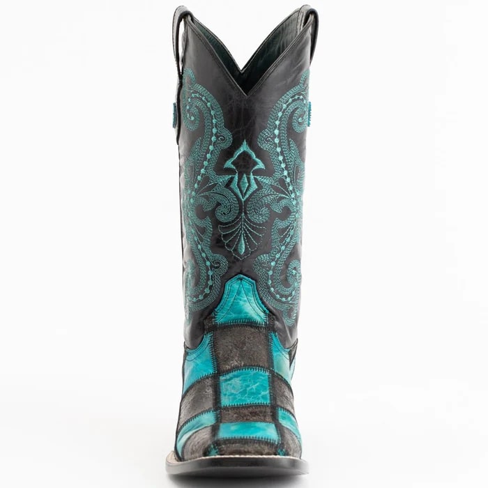 Ferinni Boot - Mens Dress Cowboy Boot - Ferrini Men's Patchwork Square Toe Boots Handcrafted in Black/Teal Color