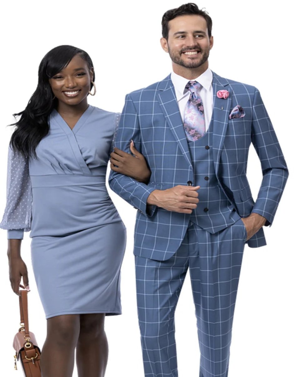 Vested Teal Windowpane Suit - One Button