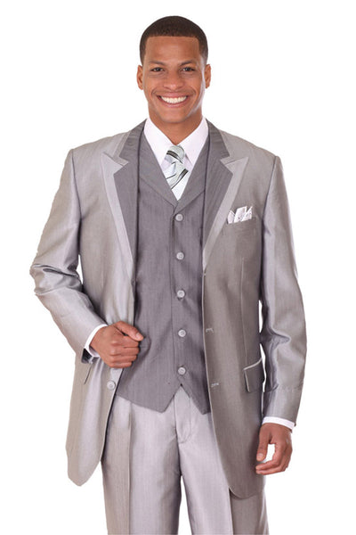 Mens 3 Button Fashion Suit with Wide Trimmed Peak Lapel in Silver