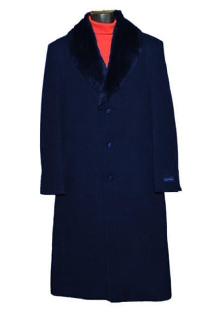 Men's Dress Coat Dark Blue Fur Collar Black 3 Button Wool blend Full Length Overcoat