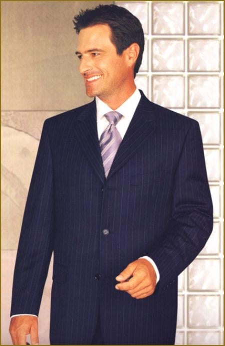 Navy Pinstripe 3 Buttons Super 120'S 3 Buttons Men's Cheap Priced Business Suits Clearance Sale $225