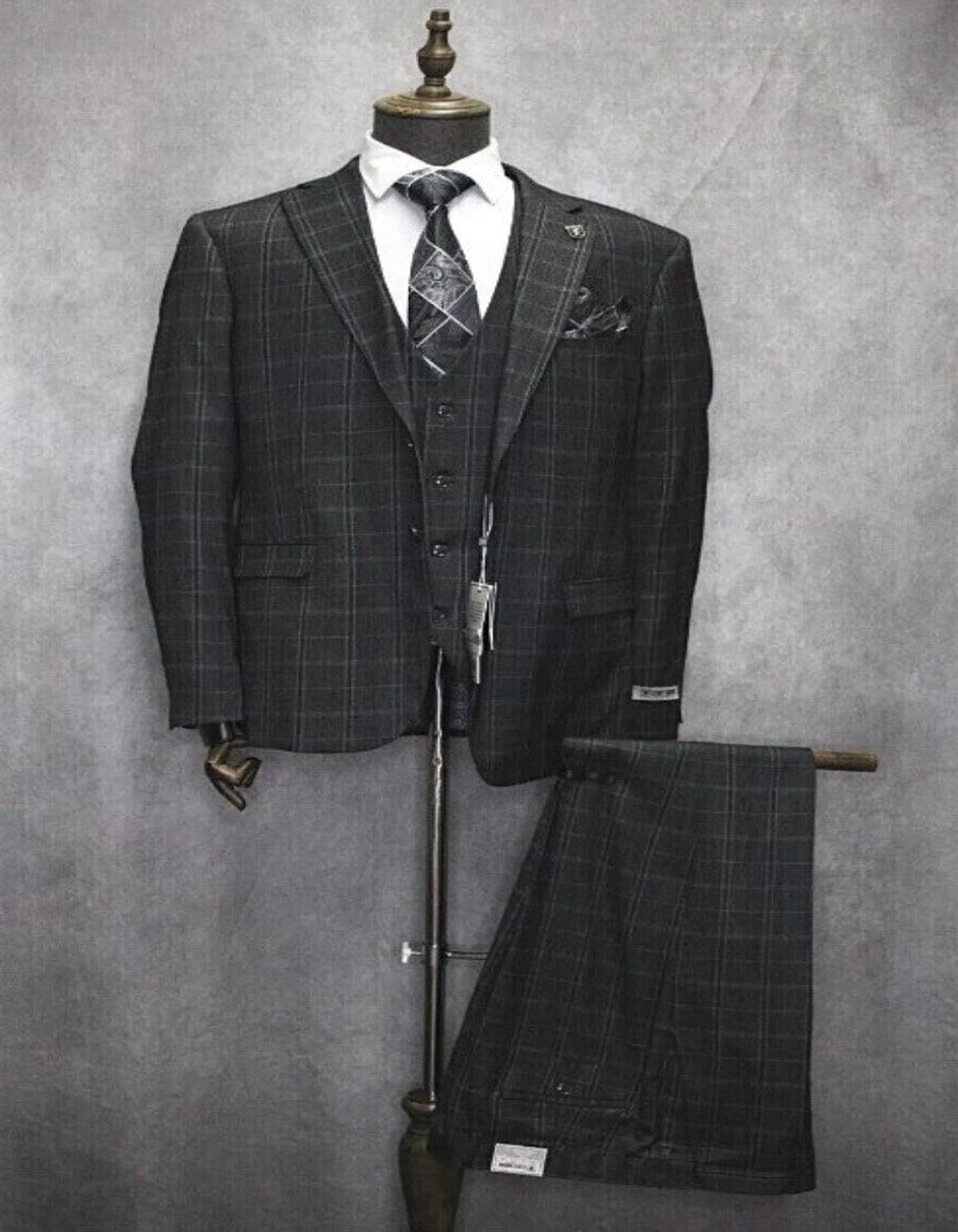 Three Button Plaid Notch Lapel Suit for Men