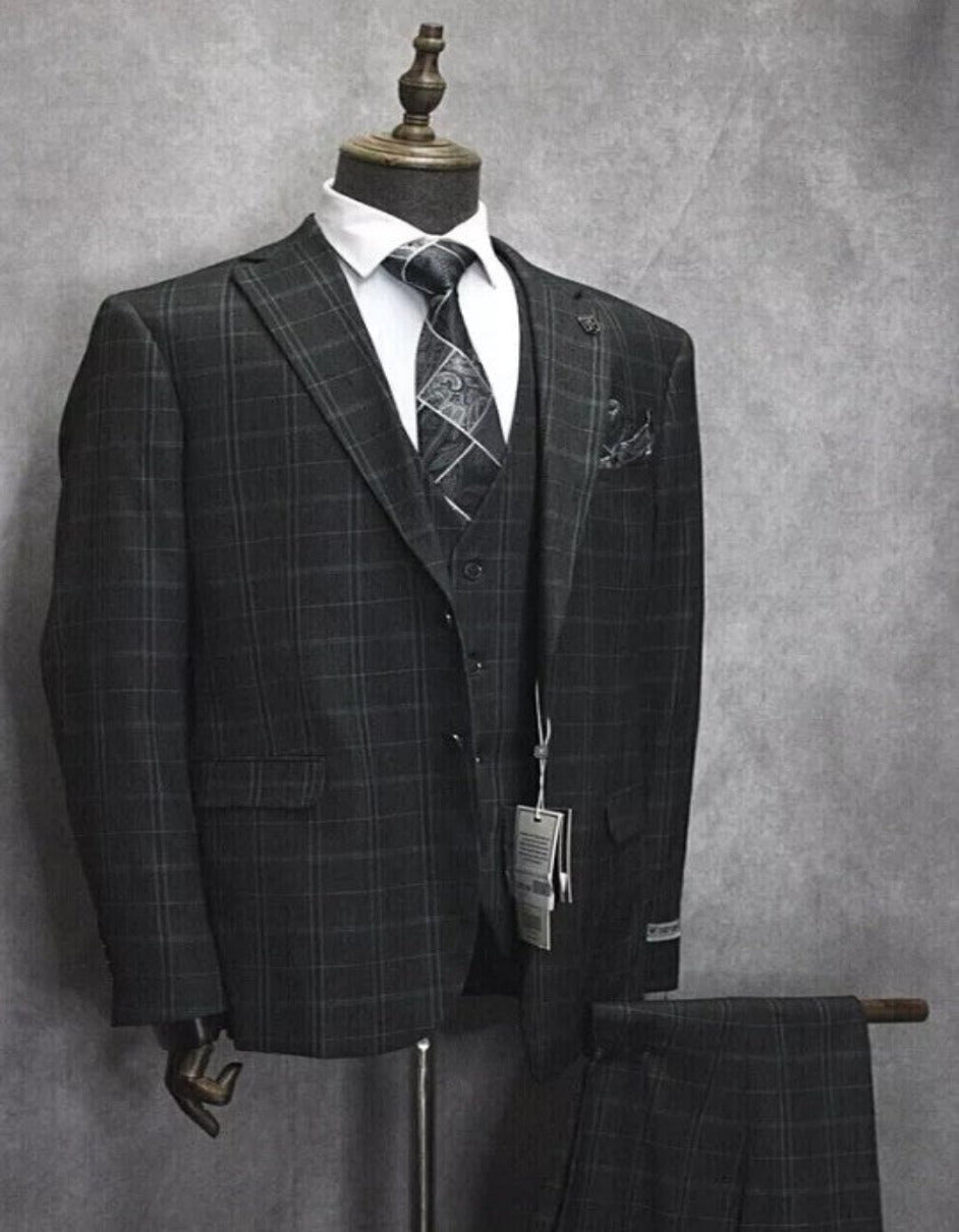 Three Button Plaid Notch Lapel Suit for Men
