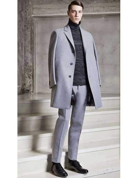 Men's Dress Coat Light Grey ~ Silver Gray 3 Buttons 95% Wool Overcoat