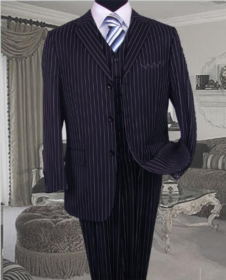 Mens Three Piece Suit - Vested Suit Navy Bold Chalk Pronounce 3 Piece 3 BUTTON Suit
