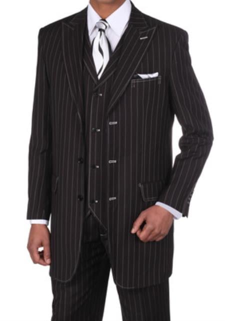 Men's Classic Bold Chalk Gangster Stripe 3 Button Pinstripe Suits w/Vest Black with White Stitching - Three Piece Suit
