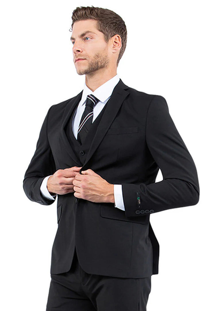 One Button Vested Slim Fit Black Suit for Men