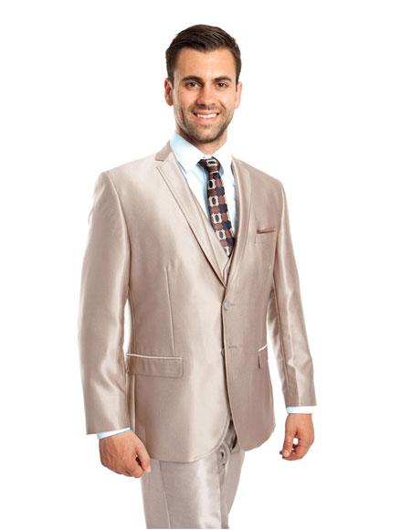 Men's Sharkskin Flashy Metallic Silky Beige Shiny 2 Button 3 Piece Suit Slim Fit Suit