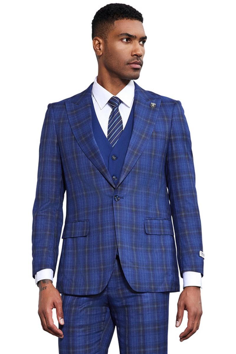 Stacy Adams Windowpane Plaid Vested Suit, Midnight Blue