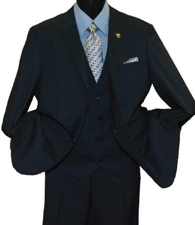 Mens Peak Lapel 2 Button Black Vested Suit