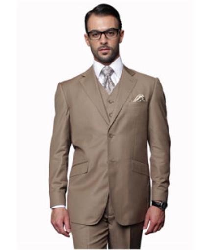 Men's 2 Button Pleated Pants Vested 3 Piece Fine Brands Best Italian Style Cut Suits 100% Bronze ~ Camel