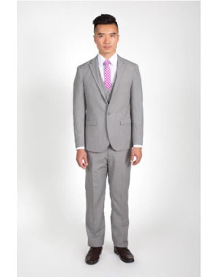 Men's 2 Button Groomsmen Suits ~ Groom Wedding Heathered Grey Slim Fit Suit With Vest