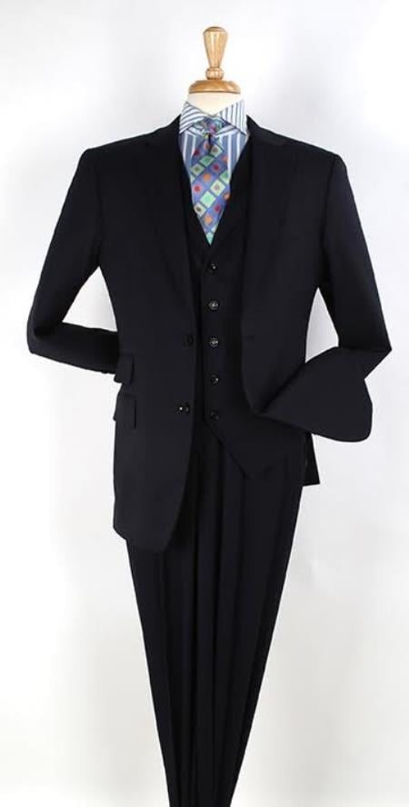 Men's Dark Navy 2 button Ticket Pocket Lapeled Vested 100% Wide Leg Pleated Pants - Dark Blue Suit Color