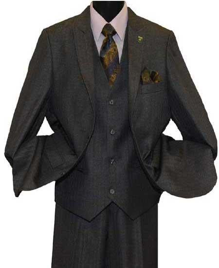 Mens Sharkskin Tonal Striped 2 Button Peak Lapel Light Olive Vested Suit