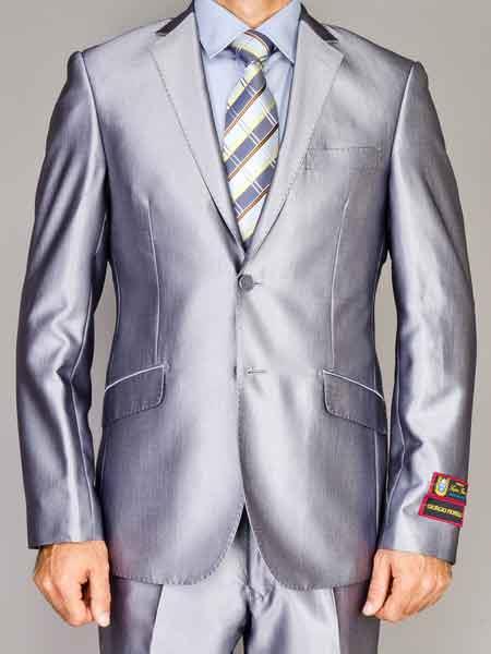 Men's Slim Fit Suit - Fitted Suit - Skinny Suit Men's Two Piece Silver Classic Fit Sharkskin Solid Italian Styled Suit