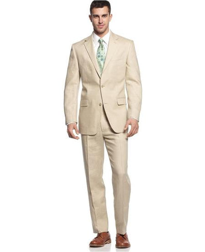 Two Button Pure Linen Suit Solid Tan ~ Beige - Mens Linen Suit