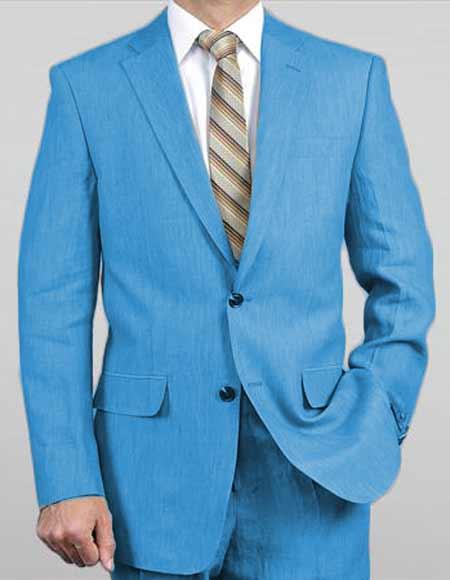 Men's Sizes Turquoise Light Weight 2 Button Real Linen Suit ( Jacket + Pants ) Spring / Summer