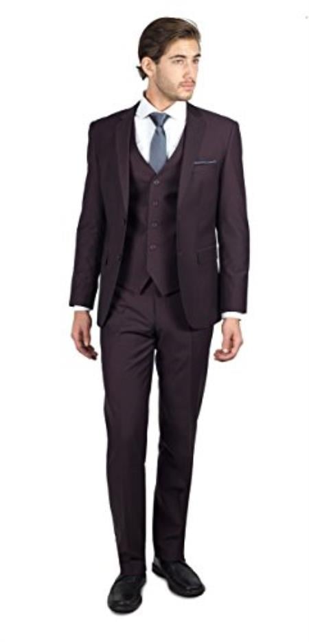 Men's Wine Shark Skin 2 Button Three Piece TR Blend Suit Affordable - Discounted Priced On Clearance Sale