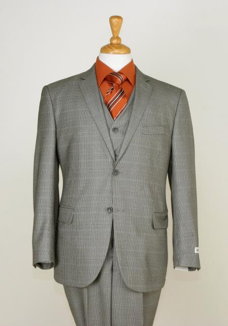 Mens Three Piece Suit - Vested Suit Mens Beige Checkered Fabric 3 Piece Slim Cut Suit
