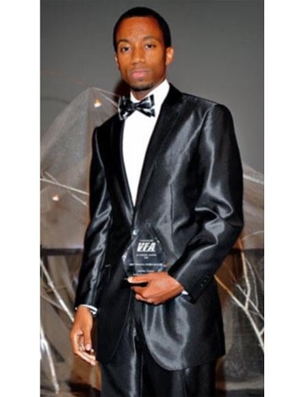 Men's 2 Buttons Suit Shiny ~ Sharkskin Flashy Charcoal Grey or Black or Dark Navy Blue Suit
