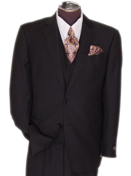 Men's 2 Button Black Regular Basic Cut Flat Front Pants Three Piece Suit