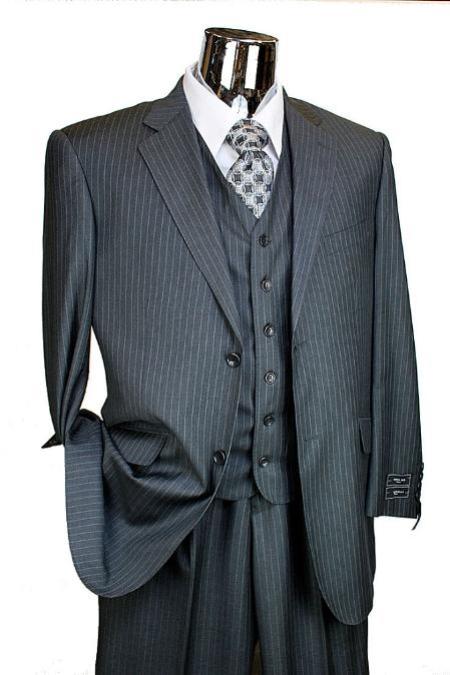 2pc 2 Btn Charcoal with Pinstripe Suit Classic Relax Fit Pleated Pant 19 Inch Bottom