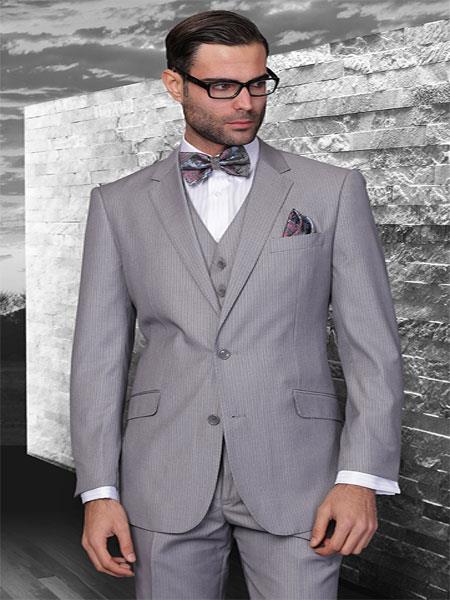 Classic 3pc 2 Button light gray Stripe ~ Pinstripe Suit Soft Light Weight Fabric Extra Fine Italian Fabric