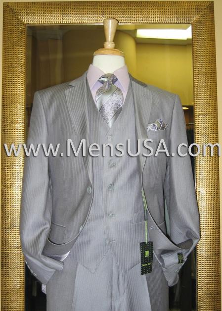 Regular Fit 3 Piece Suit 2 Button Tone on Tone Stripe (Medium Gray) V2RS-7