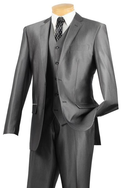 2 Button patterned Solid 3pcs Slim Fit Suit with vest β Gray - Three Piece Suit