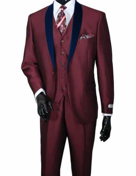 Men's 2 Piece Burgundy Suit Two Toned Shawl Lapel Vested Burgundy ~ Wine ~ Maroon Suit Sharkskin Shiny Dark Navy Blue Lapel Suit