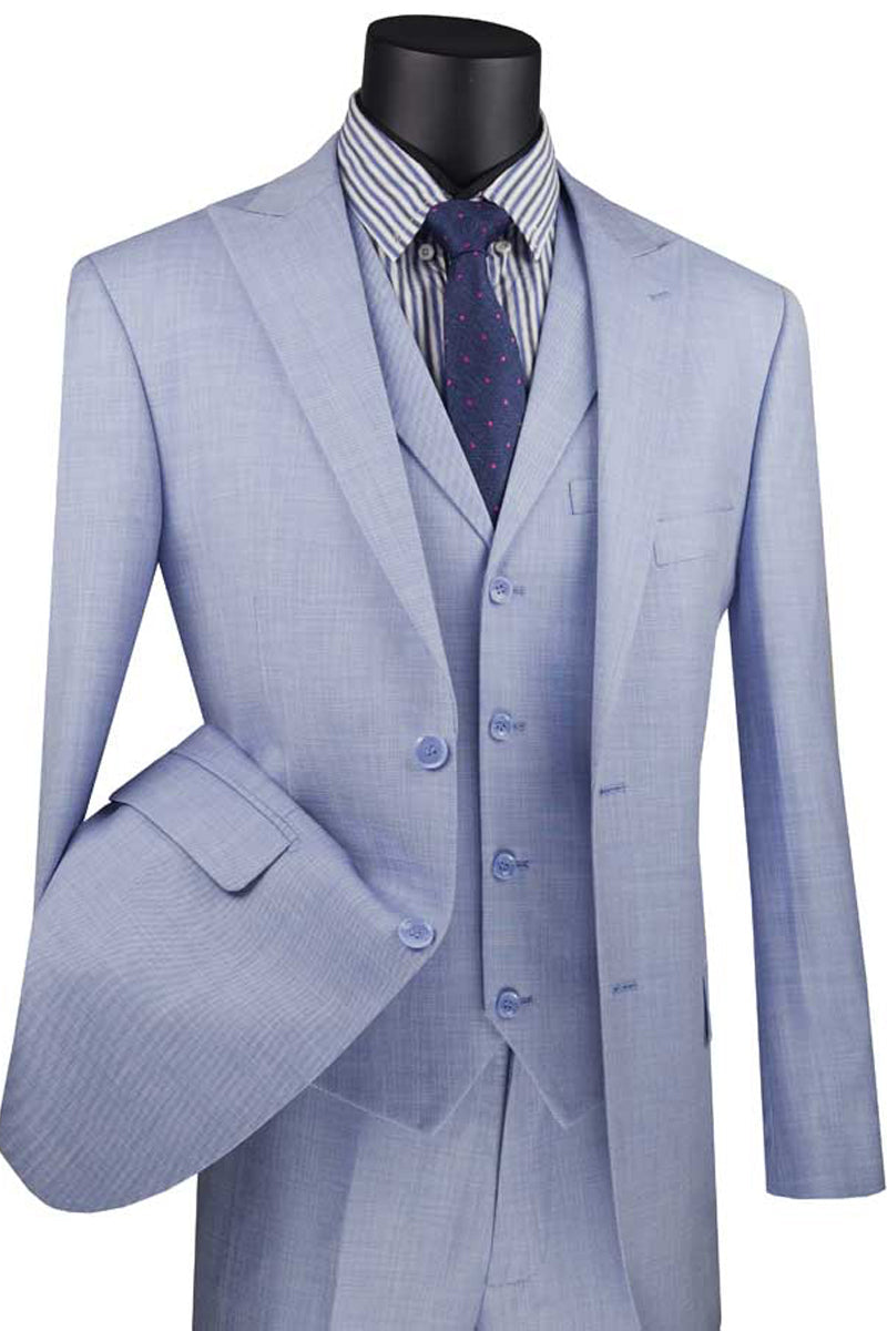 Mens 2 Button Wide Peak Lapel Suit with Double Breasted Shawl Lapel Vest in Eggplant Windowpane
