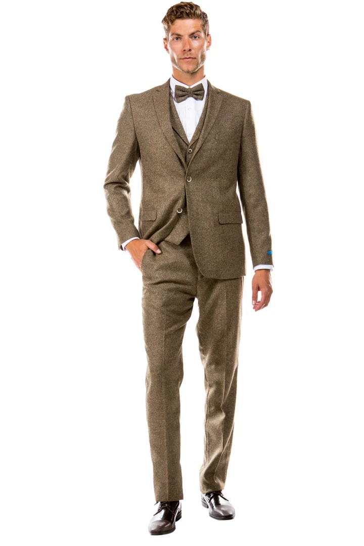 Tan Two Button Tweed Vested Suit for Men