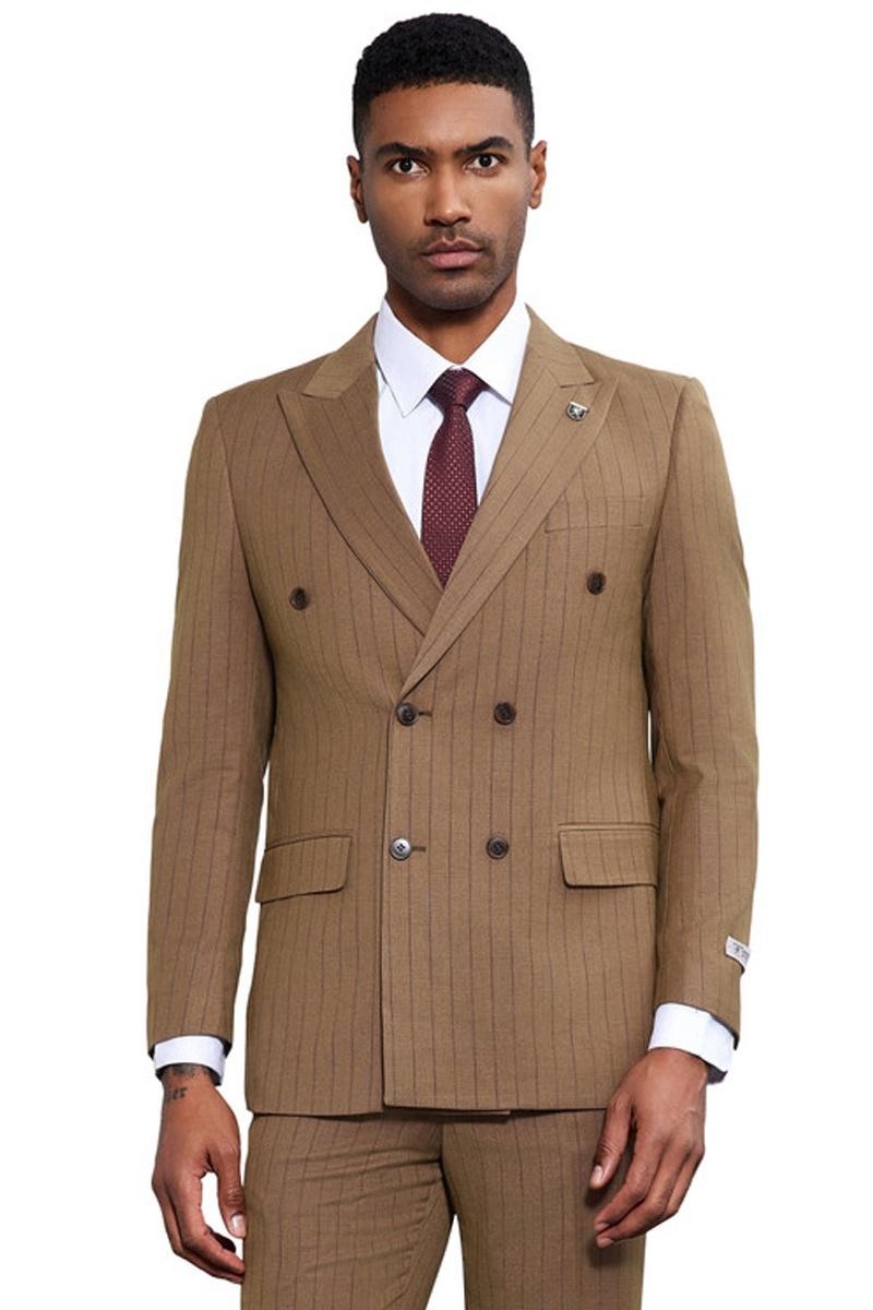Stacy Adams Double Breasted Pinstripe Camel Suit