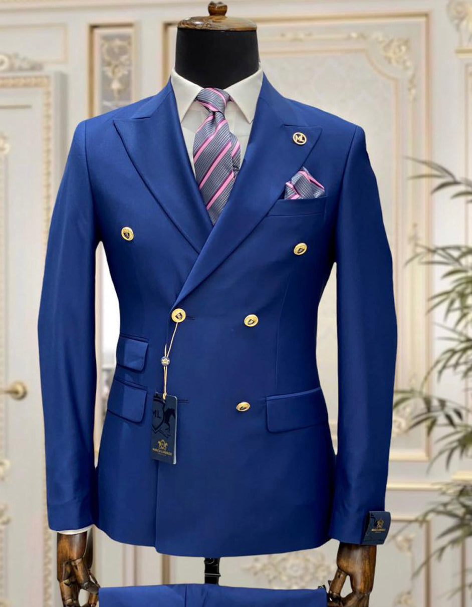 Modern Fit Double Breasted Wool Suit - Gold Accents