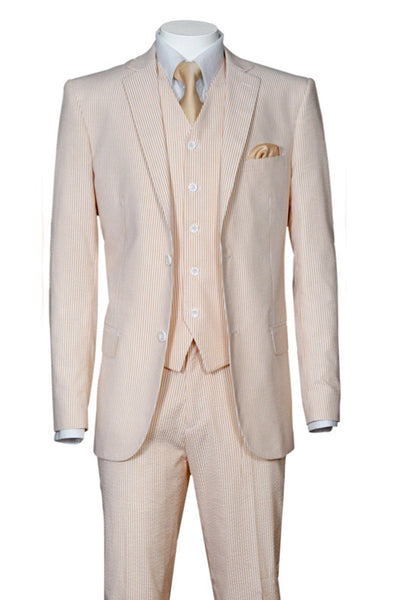 Mens 2 Button Vested Summer Seersucker Suit in Peach